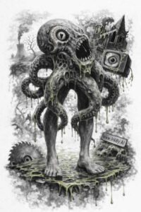 Black and gray tattoo design of a tentacled machine creature; AI-generated concept, ideal as a project and cover-up candidate.