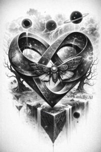 Geometric heart with orb and prism in black and grey; concept tattoo idea, perfect for a cover-up.