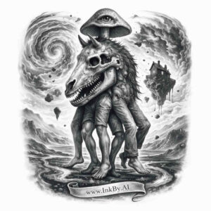 Black and grey tattoo design featuring a surreal dragon-horse creature with a swirling vortex; AI-generated concept, ideal for cover-up.