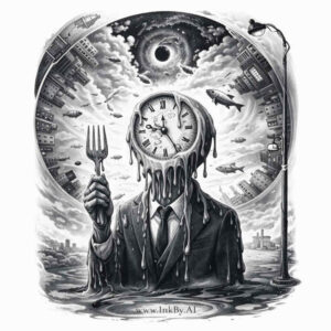 Clock-headed man in black and grey, surreal tattoo concept; AI-generated project idea, perfect for cover-up.