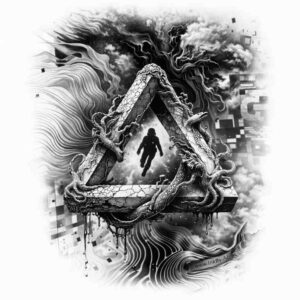 Black and grey geometric tattoo design with a triangular prism frame and a silhouetted figure inside; AI-generated concept, perfect for a cover-up.