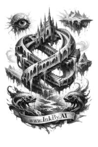 Castle-like fortress inside a circular ring with serpents and beasts in black and grey; AI-generated tattoo design concept, perfect for cover-up.