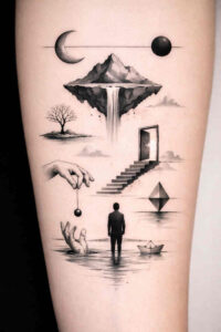 Man silhouette on a shore in black and grey; an AI-generated project idea featuring a staircase to a floating island, a crescent moon, a distant planet, and a bare tree.