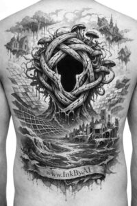 Black and grey tattoo design featuring a circular void ring with entwined vines, a distant mountain landscape, and a bottom banner; project idea, cover-up ready.