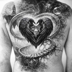 Black and grey tattoo project on back featuring a central heart with outstretched wings and a coiling dragon; AI-generated concept; suitable for cover-up.