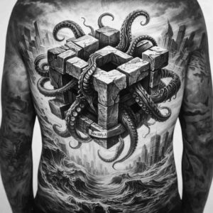 Geometric cube and tentacle tattoo on chest in black and grey; AI-generated project idea, cover-up-ready.
