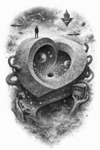 Space heart machine in grayscale; a project idea for a surreal tattoo concept, featuring a lone figure and lantern against a cosmic backdrop.