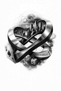 Heart-shaped ribbon surrounding a grayscale cityscape in black and grey, concept tattoo design, project idea.