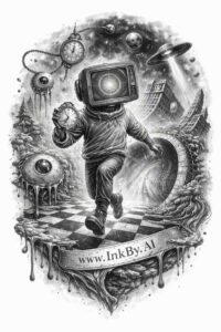 Black and grey tattoo design concept of an astronaut with a television head; AI-generated project, suitable for cover-up.