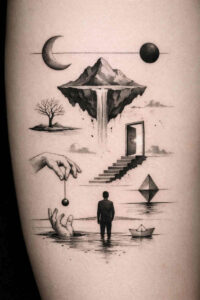 Black and grey surrealism tattoo concept with a crescent moon, a floating island and jagged mountain, a doorway, a dark orb, and a silhouetted man – a concept piece.