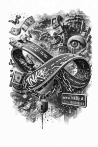 Black and grey tattoo design concept featuring bill, gear, and ribbon; AI-generated project; cover-up-ready.