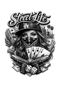 This black and grey tattoo design concept shows a female figure wearing a hat with playing cards and dice, a pistol, and a bold banner; project idea, cover-up ready.