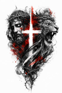 Cross centered with two snarling lions on either side, in black and grey with red accents; tattoo idea, AI-generated, perfect for a cover-up.