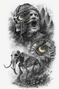 Black and grey tattoo design featuring a biomechanical gargoyle portrait with gears and smoky background; AI-generated project idea.