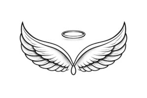 Angel wings with a halo in black and grey linework; a project idea for a tattoo design, clean and minimalist.