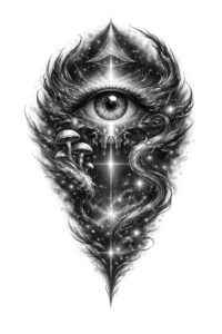 Eye at the apex of a feather-shaped black and grey design with stars and fine lines; AI-generated project, perfect for a cover-up.