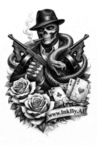 Black and grey tattoo design of a gangster skull with a fedora, crossed gun, a playing card, and a rose; project idea with cover-up potential.