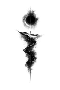Black and grey AI-generated concept: abstract vertical linework with an eye-like circle at the top and a tapering shaft, tattoo idea.