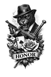 Monkey wearing a fedora with two pistols crossed behind, a rose, and a banner reading HONOR in black and grey; AI-generated concept, project idea, cover-up suitable.
