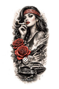 Black-and-grey with red accent palette, featuring a pin-up woman with a bandana, roses, a vintage car, and dice; AI-generated tattoo idea, project concept.