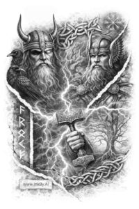 Thor with hammer and lightning in black and grey heavy blackwork; AI-generated project idea, perfect for cover-up.