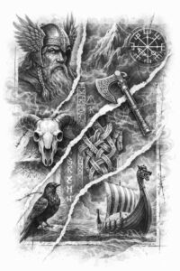 Bearded Norse figure with staff, sailing longship, and skull in black and grey; AI-generated project/idea, perfect for cover-up.
