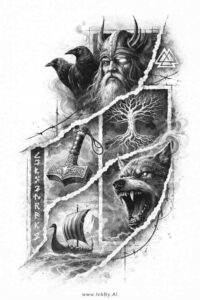 Black and grey tattoo design showing a raven, skull, and wizard emerging from a cracked stone wall; concept sketch for a cover-up.