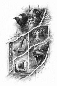 Bearded god figure in black and grey realism with a raven and window-panel motifs; AI-generated tattoo design concept.