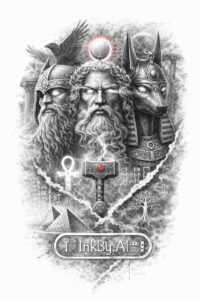 Bearded Norse guardian face with helmet, anchor and swords in black and grey; AI-generated tattoo idea, ideal as a cover-up.