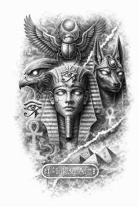 Central black and grey tattoo concept showing a female goddess with an ornate headdress, flanked by Anubis jackal heads, hieroglyph inscriptions, and lotus motifs; AI-generated project idea.