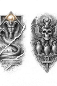 Hooded figure and winged skull in black and grey ink, AI-generated concept, project idea, cover-up suitable.