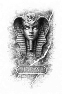 Pharaoh mask in grayscale with nemes headpiece and cobra, black and grey, concept tattoo design.