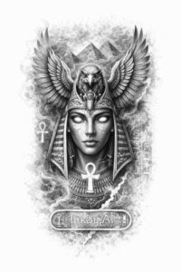 Isis goddess with wing, ornate headdress and ankh, rendered in black and grey; a project concept for a mythic tattoo idea.