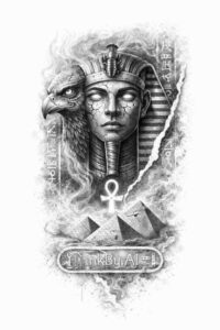 Pharaoh head portrait in black and grey, featuring nemes headwear and ankh, concept sketch for a tattoo project.