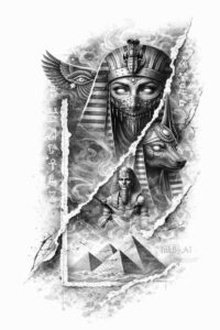 Winged crowned female figure in grayscale with wings on both sides, central face, helmet-like headdress, a cross-sword motif, and a base of stone steps; AI-generated tattoo idea.