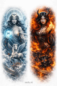 Two tall fantasy warriors, ice-blue and flame-orange with glowing auras, weapons drawn; color tattoo, project/idea.