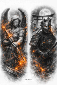 Two armored warriors in black and grey with orange flames; AI-generated tattoo concept, a project idea, cover-up ready.