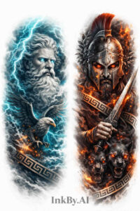 Color tattoo design concept showing Zeus on the left with blue lightning and a fiery Norse god on the right; concept art for a potential project.