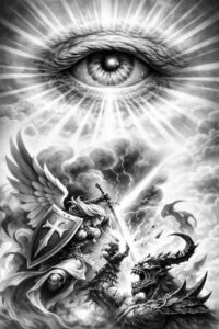 Eye, knight on horseback, and dragon in grayscale; black and grey tattoo design concept, project idea, cover-up ready.