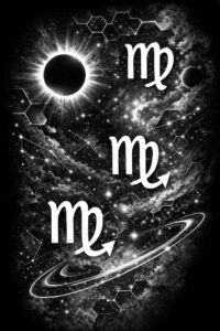 Virgo glyphs float in a cosmic space scene, black and grey tattoo design idea, perfect for cover-up.
