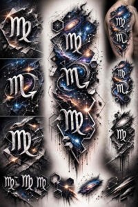 Black and grey Scorpio glyph tattoo design with blue crystals, AI-generated project, perfect for cover-up.