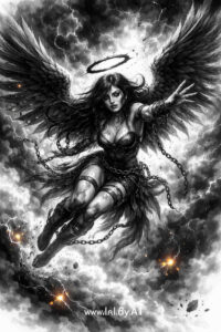 Dark angel warrior with outstretched black wings and halo, rendered in black and grey; AI-generated tattoo idea; perfect for a cover-up.