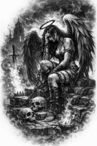 Dark black and grey tattoo design of a winged angel above skulls with a cross in the background; AI-generated project idea, cover-up friendly.