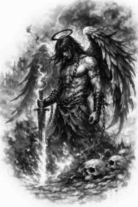 Dark grayscale tattoo design of a winged armored angel with sword and skulls in a smoky backdrop; black and gray; concept idea for a cover-up.