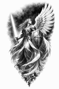 Angelical warrior with outstretched wings, sword, shield, and armor in black and grey; tattoo design concept, cover-up-friendly.
