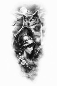 Portrait of a crowned woman with an owl and flower accents in black and grey; AI-generated concept, project idea, perfect for a cover-up.