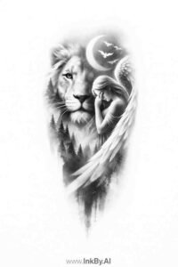 Lion head study in black and grey realism; AI-generated concept tattoo idea for a bold arm or chest piece.