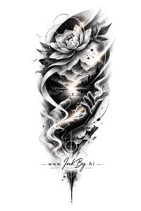 Roses and Smoke cover-up: black and grey fine line tattoo idea in grayscale; vertical roses, leaves and wisps; AI-generated concept for a cover-up project.