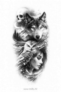 Bold black and grey tattoo design featuring a skull, a wolf, and a female portrait; grayscale project idea suitable for cover-up.
