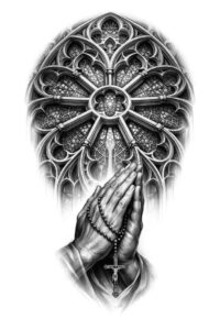 Praying hands under a detailed circular mandala wheel in black and grey; a tattoo design concept for a potential cover-up.